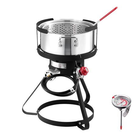 10 Qt Fish and Wing Fryer, Aluminum Propane Fish Fryer Kit, Outdoor Deep Fryer Seafood Pot with Thermometer, Strainer Basket, and 54,000 BTUs Propane Burners, for Outdoor and Backyard Cooking