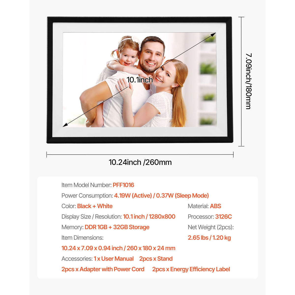 10.1 Inch Digital Picture Frames (2-PK), 1280x800 HD IPS Touch Screen Electronic Photo Frame, 32GB Memory, Auto-Rotate Portrait or Landscape, Share Moments Instantly via App, for Parents Friends