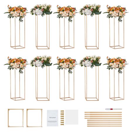 10PCS 31.5inch High Wedding Flower Stand, With Acrylic Laminate,Metal Vase Column Geometric Centerpiece Stands, Gold Rectangular Floral Display Rack for Events Reception, Party Decoration