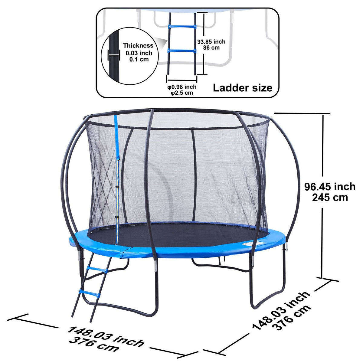 12FT Trampoline, 400 lbs Trampoline with Enclosure Net, Ladder, and Curved Pole, Heavy Duty Trampoline with Jumping Mat and Spring Cover Padding, Outdoor Recreational Trampolines for Kids Adults