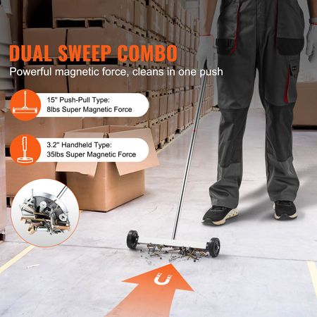 15-Inch Magnetic Sweeper with Wheels, 8 lbs Capacity, with Telescoping Magnetic Pickup Tool, Adjustable Handle, Magnetic Pickup Sweeper to Pick Up Nails and Screws, for Workshop, Garage, Yard