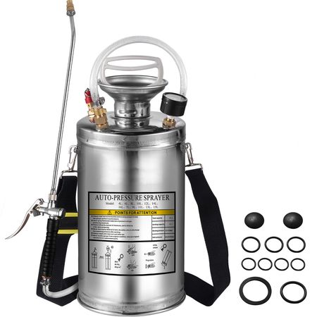 1.5Gal Stainless Steel Sprayer, Set with 16\" Wand& Handle& 3.3FT Reinforced Hose, Hand Pump Sprayer with Pressure Gauge&Safety Valve, Adjustable Nozzle Suitable for Gardening& Sanitizing