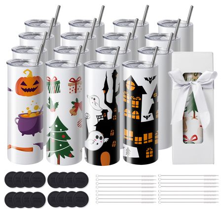 16 Pack Sublimation Tumblers 20oz Skinny Straight, Stainless Steel Sublimation Tumblers Blank, Stainless Steel Double Wall Tumbler for Heat Transfer Customized Gifts with Lid and Straw, Gift Box