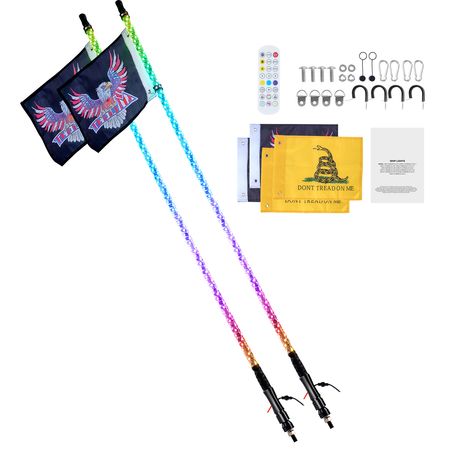 2 PCS 4 FT Whip Light, APP & RF Remote Control Led Whip Light, Waterproof 360° Spiral RGB Chasing Lighted Whips with 4 Flags, for UTVs, ATVs, Motorcycles, RZR, Can-am, Trucks, Off-road, Go-karts