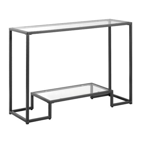2-Tier Glass Console Table, Modern Rectangle Sofa Side Table with Tempered Glass Top and Iron Legs, Golden Consloe Desk with Anti-Tip Device for Living Room, Hallway, Entryway, Foyer, Black