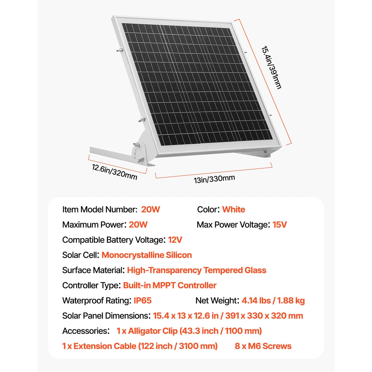 20W 12V Solar Battery Trickle Charger Maintainer, Mono Solar Panel Battery Charger with Built-in MPPT Controller & Adjustable Mount Bracket, IP65 Waterproof for Car Boat RV Trailer House Roof