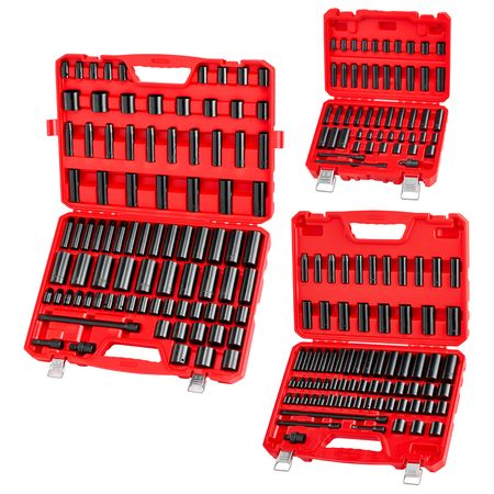 210 Piece Drive Impact Socket Set, 1/4, 3/8, 1/2 Inch, 6 Point Deep & Shallow Impact Sockets, SAE (3/16 to 1-1/4 in) and Metric (4 to 32 mm) Sizes with Extension Bars, Cr-V Steel, Carrying Case