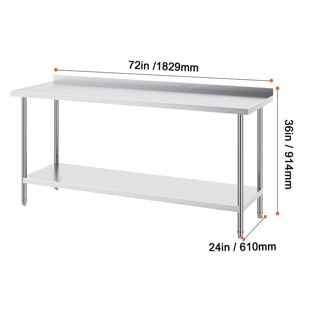 24 x 72 x 36 Inch Stainless Steel Work Table, Commercial Food Prep Worktable Heavy Duty Prep Worktable, Metal Work Table with Adjustable Height for Restaurant, Home and Hotel