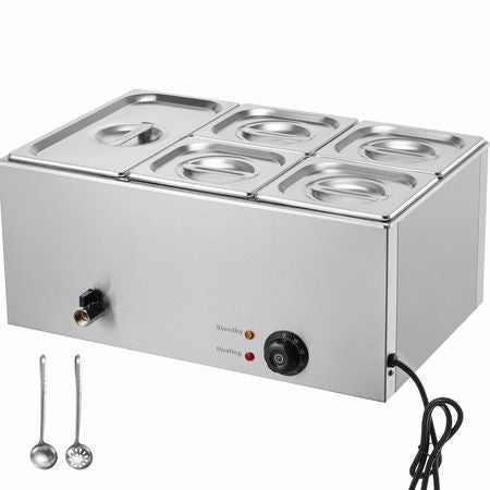 24QT Commercial Food Warmer, 5-Pan Electric Steam Table, 1200W Professional Countertop Stainless Steel Buffet Bain Marie with 86-185 F Temp Control for Catering, Buffet, Parties, Restaurants