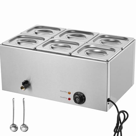 24QT Commercial Food Warmer, 6-Pan Electric Steam Table, 1200W Professional Countertop Stainless Steel Buffet Bain Marie with 86-185 F Temp Control for Catering, Buffet, Parties, Restaurants
