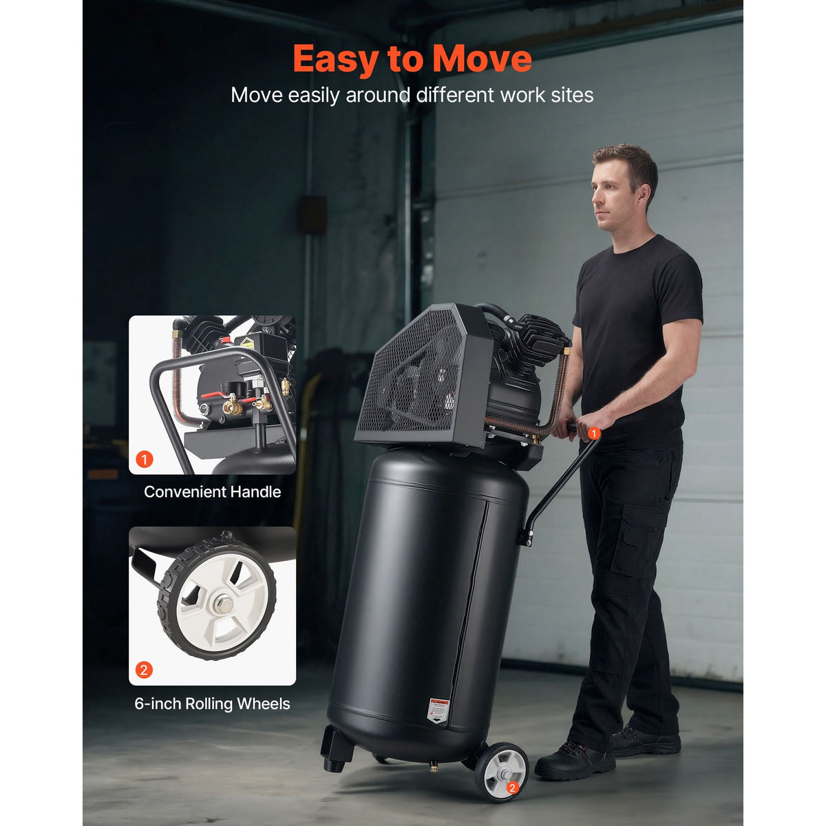 25-Gallon Air Compressor, 2HP 5.5 SCFM at 90PSI, Max 200PSI Pressure Oil-Lubricated Air Compressor Tank, Portable on Wheels for Auto Repair, Spray Painting, Woodwork Nailing, 120V