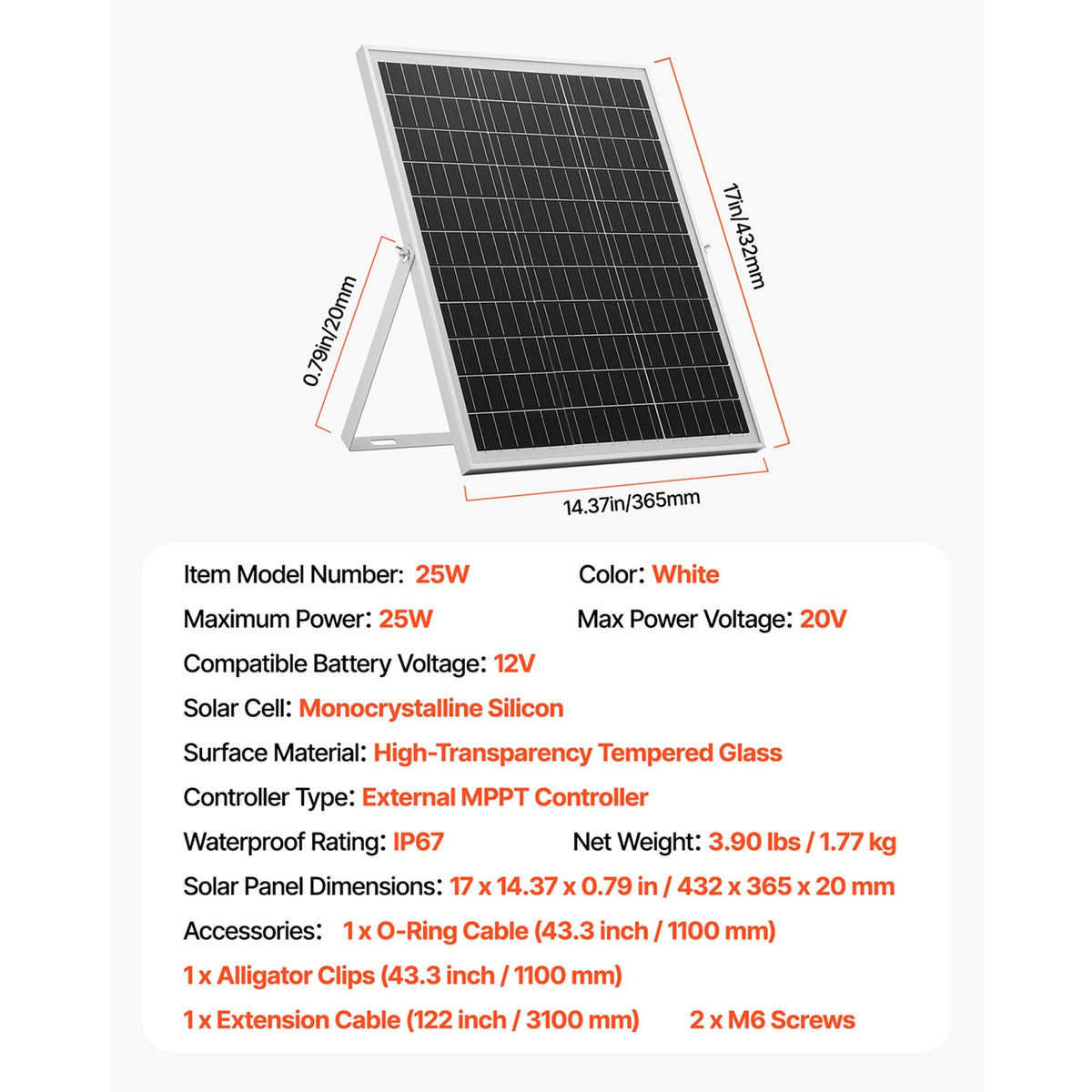 25W 12V Solar Panel Battery Charger, Solar Battery Trickle Charger Maintainer with Intelligent MPPT Controller & Adjustable Mount Bracket, IP67 Waterproof for Car Boat RV Motorcycle Trailer