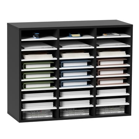 27 Compartments Wood Literature Organizer, Adjustable Shelves, Medium Density Fiberboard Mail Center, Office Home School Storage for Files, Documents, Papers, Magazines, Black+White