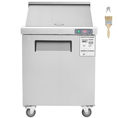 28" Commercial Refrigerator Sandwich & Salad Prep Table, 7.4 Cu. Ft Stainless Steel Refrigerated Food Prep Station with 12 Pans, Cut Board, Frost Free Refrigerator with Lock for Restaurant