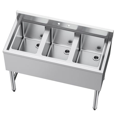 3 Compartment Sink, 18-Gauge 304 Stainless Steel, 10" x 14" x 10" Bowl Size, 3 Bay Commercial Under Bar Sink with Backsplash and Efficient Drainage for Kitchen, Restaurant, Food Truck & Home Use