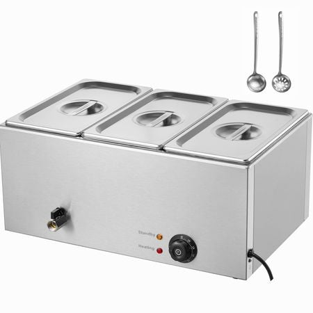3-Pan Commercial Food Warmer, 17.4QT Electric Steam Table, 1200W Professional Countertop Stainless Steel Buffet Bain Marie with 86-185 Fahrenheit Temp Control, Silver