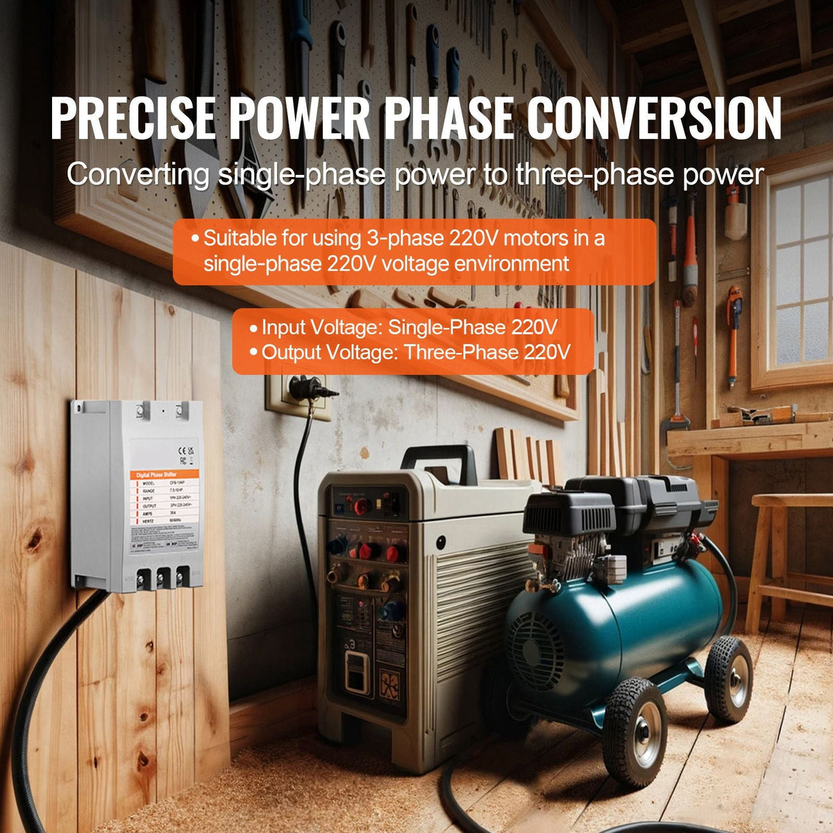 3 Phase Converter - 10HP 30A 220V Single Phase to 3 Phase Converter, Digital Phase Shifter for Residential and Light Commercial Use, 220V Input/Output (One Converter for One Motor Only)