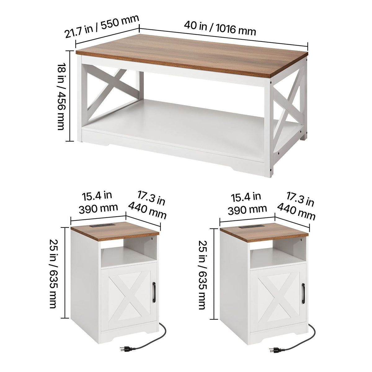 3 Pieces Farmhouse Coffee Table Sets, 40 in Industrial Coffee Table with 2 End Side Tables, Easy Assembly Coffee and End Tables Sets with Charging Station, for Office, Living Room & Apartment