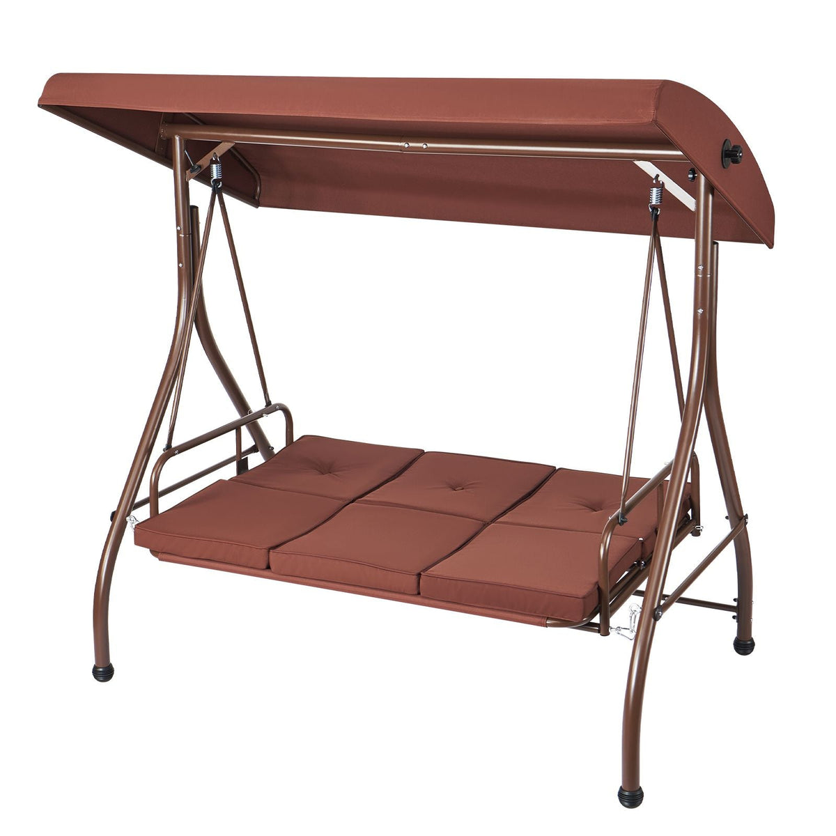3-Seat Patio Swing Chair, Converting Canopy Swing, Outdoor Patio Porch with Adjustable Canopy, Removable Thick Cushion and Alloy Steel Frame, for Balcony, Backyard, Poolside, Brown