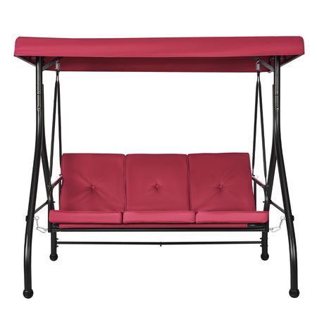 3-Seat Patio Swing Chair, Converting Canopy Swing, Outdoor Patio Porch with Adjustable Canopy, Removable Thick Cushion and Alloy Steel Frame, for Balcony, Backyard, Poolside, Burgundy