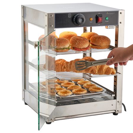 3-Tier Commercial Food Warmer Display, 800W Food Display Warmer with LED Light, Adjustable Shelf and Stainless Steel Frame, 86-185 F Air Heating, 34L for Hamburger, Pizza, Bread, Fried Chicken