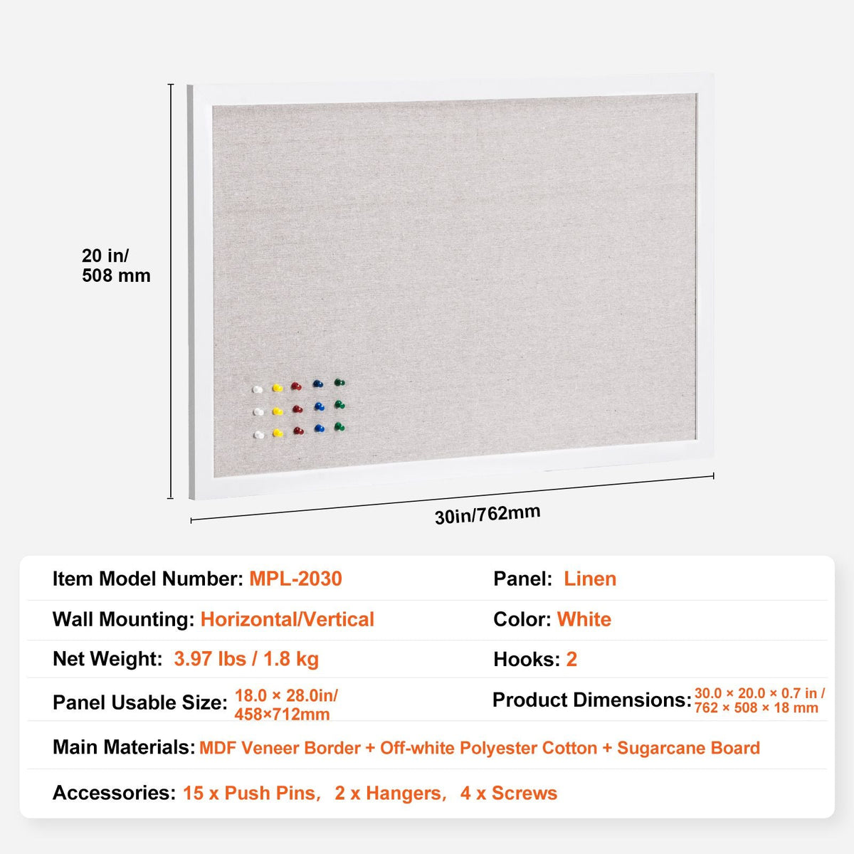 30"x20" White Cork Board with Linen Surface – Stylish Wall-Mounted Bulletin Board for Home, School, Office – Elegant & Functional Noticeboard