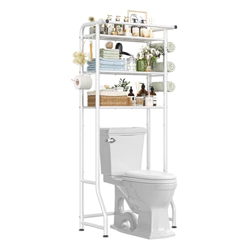 Simple Trending 3 Tier Over The Toilet Storage Rack, Metal Bathroom Shelf, Bathroom Stand Organizer Space Saver with Paper Holder and Hooks, White - color: White