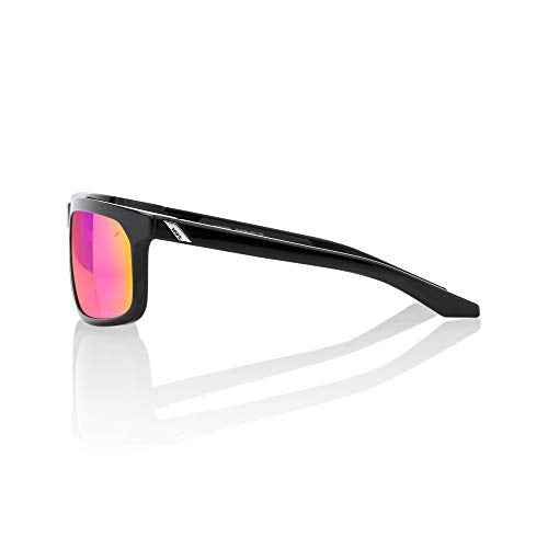 100% Hakan Sport Wrap Around Sunglasses - Durable, Lightweight Active Performance Eyewear w/Rubber Temple & Nose Grip (Polished Black - Purple Multilayer Mirror Lens)
