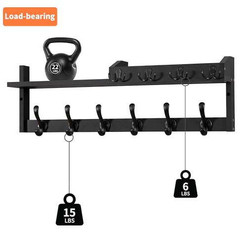 Coat Rack Wall Mount with Shelf, 27.5" Entryway Wall Hanging Shelf, Coat and Key Hanger with 10 Dual Hooks, Mail Organizer and Key Holder Hat Rack for Wall, Wood Coat Hooks with Storage - color: Black