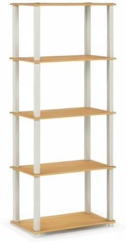Furinno Turn-N-Tube 5-Tier Multipurpose Shelf / Display Rack / Storage Shelf / Bookshelf, Square Tubes, Beech/White