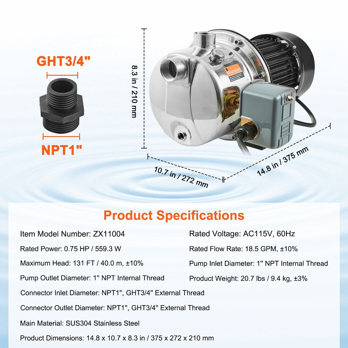 3/4HP SUS304 Stainless Steel Shallow Well Jet Pump, 115 Volt, 18.5 GPM 131 FT Maximum Head Irrigation Water Pump, for Agricultural Garden Irrigation System High-Rise Water Supply Shower Booster