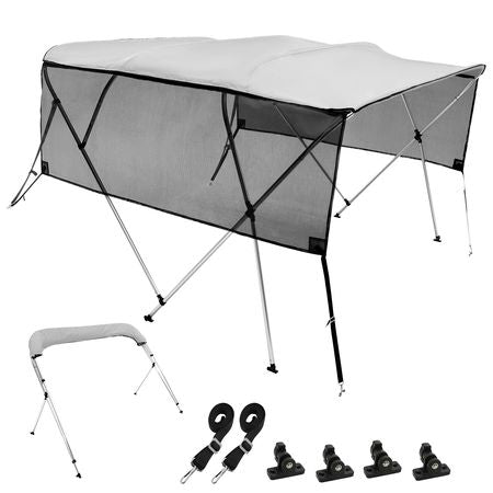 4 Bow Bimini Top Boat Cover, Detachable Mesh Sidewalls, 600D Polyester Canopy with 1" Aluminum Alloy Frame, Includes Storage Boot, 2 Straps, 2 Support Poles, 8'L x 54"H x 79"-84"W, Light Grey