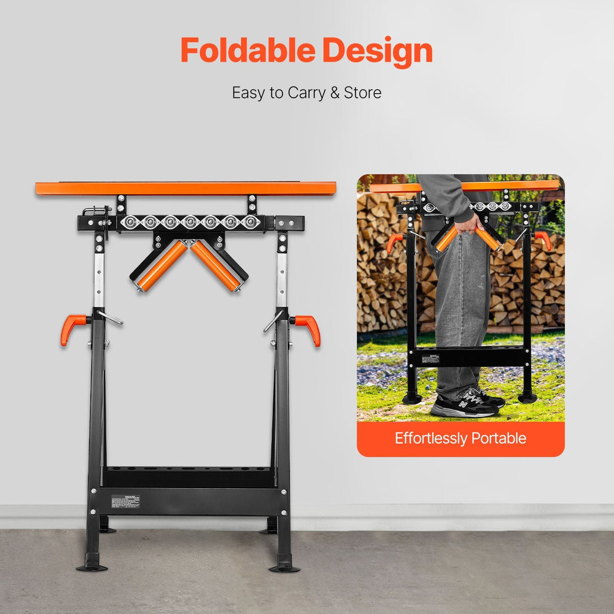 4-in-1 Roller Stand, 440 lb Load Capacity, 33-50 in Adjustable Height, Folding Heavy Duty with Rack & Polished Multi-directional Roller Head, for Table Saw Outfeed Woodworking Extension Support