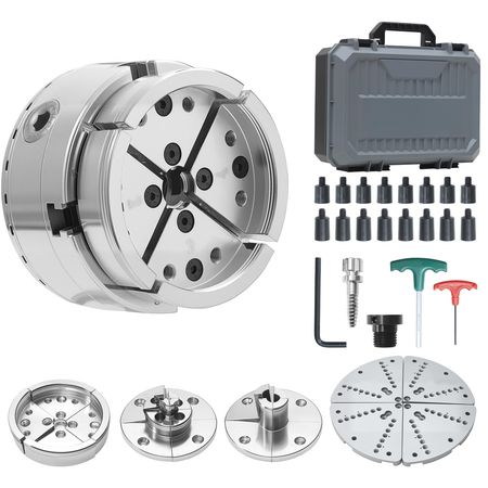 4 Inch Wood Lathe Chuck, 4-Jaw, Self-Centering Wood Turning Chuck Set with 1" x 8TPI Thread & Adapter, 5 PCS Jaws Round/Flat/Step/Pin, Carry Case, Nickel-Plated Finish, for Woodworking Lathe