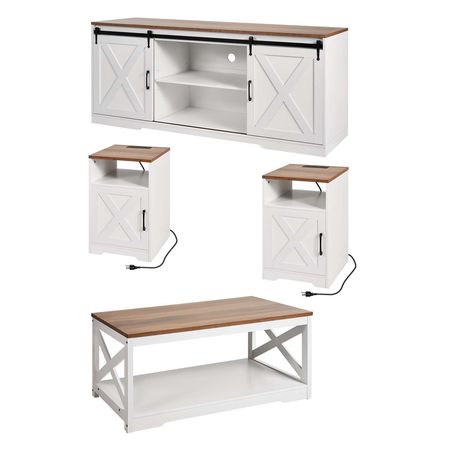 4 Pieces Farmhouse Coffee Table Sets, 40 in Coffee Table with 2 End Tables and 66 in TV Stand, Easy Assembly Living Room Tables Sets with Charging Station, for Office, Living Room & Apartment