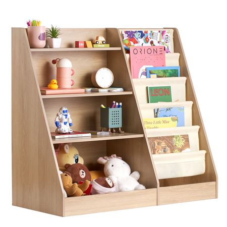 4-Tier Kids Wooden Bookshelf, Six-Layer Sling Bookcase, Baby Storage Book Rack, Book Toy Organizer Cabinet, for Kids Room, Playroom, Kindergarten, Nursery