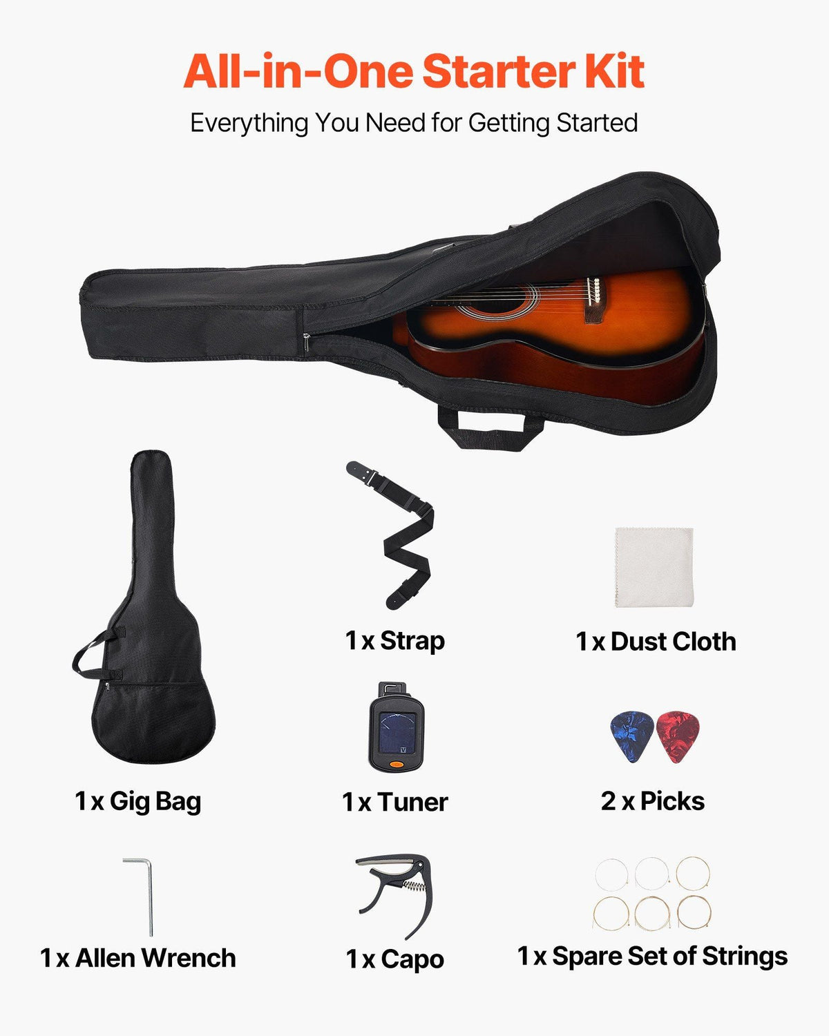 40 in Dreadnought Acoustic Guitar Beginner Bundle with Gig Bag Adult Sunburst