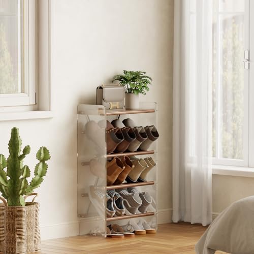 Shoe Rack, 4-Tier Slanted Shoe Storage Shelf, Narrow Shoe Rack for Entryway, Solid Wood and Acrylic Shoe Stand, Slim Shoe Shelf with Wooden Top ,Suitable for Bedrooms and Living Rooms - size: 48
