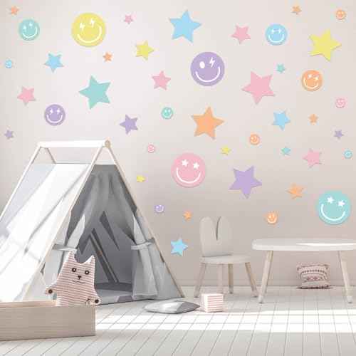 Whaline 12 Sheets Preppy Wall Stickers Pastel Smile Face Star Wall Decals Aesthetic Room Mural Stickers for Party Home Nursery, 7.9 x 11.8 Inch
