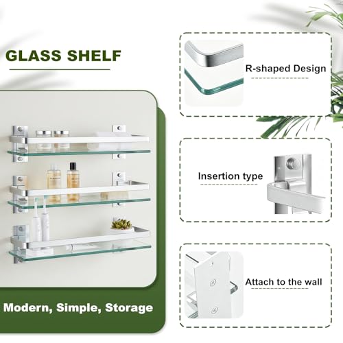 AIJALY 3 Pack Bathroom Glass Shelf,Aluminum Tempered Glass 0.3in Extra Thick Rectangular 1 Tier Storage Organizer Wall Mount,Silver 15.7in - color: Silver 3 Pack