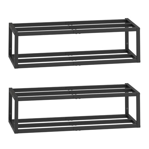 HOOBRO Wall-Mounted Shoe Rack, 2 Pack Hanging Metal Shoe Shelf, Space-Saving Shoe Storage Organizer, Holds 12-16 Pairs, Shoe Holder for Entryway, Closet, Small Spaces, Black BK44XJP201