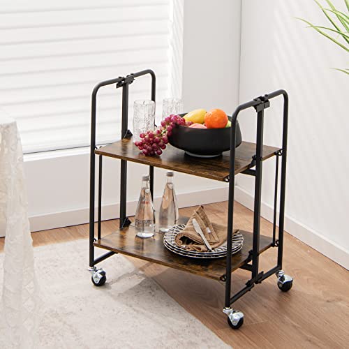 Giantex Foldable Storage Shelves with Wheels, No Assembly 2-Tier Rolling Cart, 2 of The Wheels Have Locks, Microwave Utility Cart Baker Rack, Portable Storage Rack w/Metal Frame, for Kitchen, RV - size: 27'' Tall