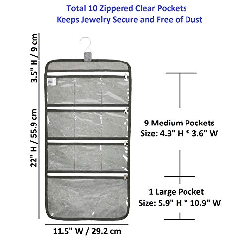 Hanging Jewelry Organizer with 10 Zippered Clear Pockets for Travel Suitcase and Home Closet Jewelry Storage Bag (GREY) - color: GREY
