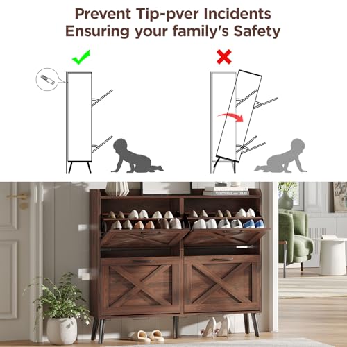 Maupvit Large Shoe Storage Cabinet with 4 Flip Drawers, Narrow Shoe Cabinet for Entryway with Wooden Legs, Freestanding Hidden Shoe Rack Organizer & Metal Hinges, Walnut - color: Dark Walnut, style: 4-Drawers