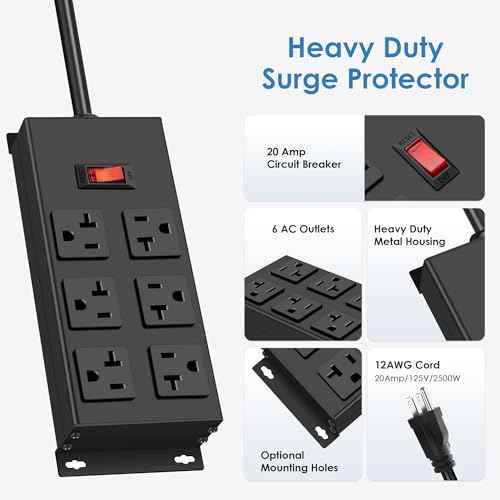 JUNNUJ 20 Amp Power Strip Heavy Duty 2 Pack, Garage 6 Outlets Metal 12 Gauge Surge Protector 3000J, High Amp 5-15P Adapter Shop 6-20R T-Slot Industrial (6AC 2-Pack, 4FT)