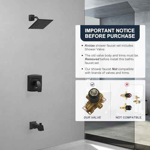 Tub Shower Faucet, Matte Black Shower Faucet Set with 8-Inch Square Rain Shower Head and Tub Spout, Brass Shower System Bathtub Shower Faucet Set Complete, Tub shower faucet set with valve