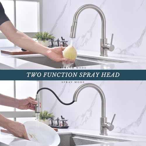 Kitchen Faucet with Pull Down Sprayer SUS304 Stainless Steel High Arc Brushed Nickel Pull Out Kitchen Sink Faucets Utility Laundry Farmhouse Camper Rv Modern for 1 or 3 Hole Sink, KF1-BN