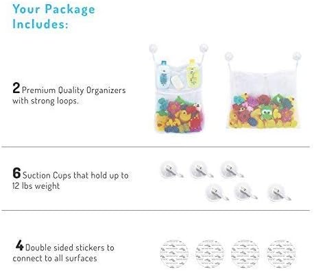 2 x Mesh Bath Toy Organizer + 6 Ultra Strong Hooks – The Perfect Bathtub Toy Holder & Bathroom or Shower Caddy – These Multi-use Net Bags Make Baby Bath Toy Storage Easy – For Kids & Toddlers
