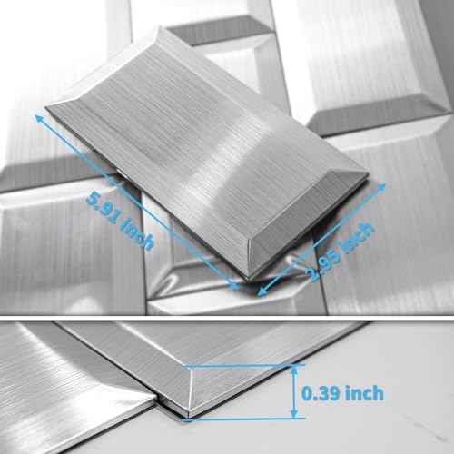 Art3d 100 Pcs Peel and Stick Backsplash Tiles, 3D Textured Metal Stick On Subway Wall Tiles for Kitchen Back Splashes, Bathroom, Laundry Room, 3 x 6 Inch, Stainless