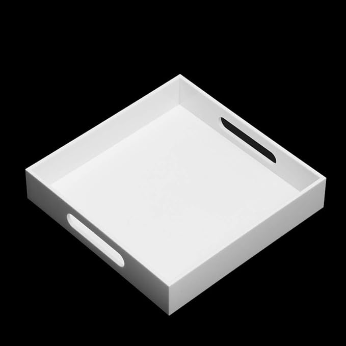 Glossy White Sturdy Acrylic Serving Tray with Handles-10x10Inch-Serving Coffee,Appetizer,Breakfast,Butler-Kitchen Countertop-Makeup Drawer Organizer-Vanity Table,Ottoman Tray-Decorative Tray